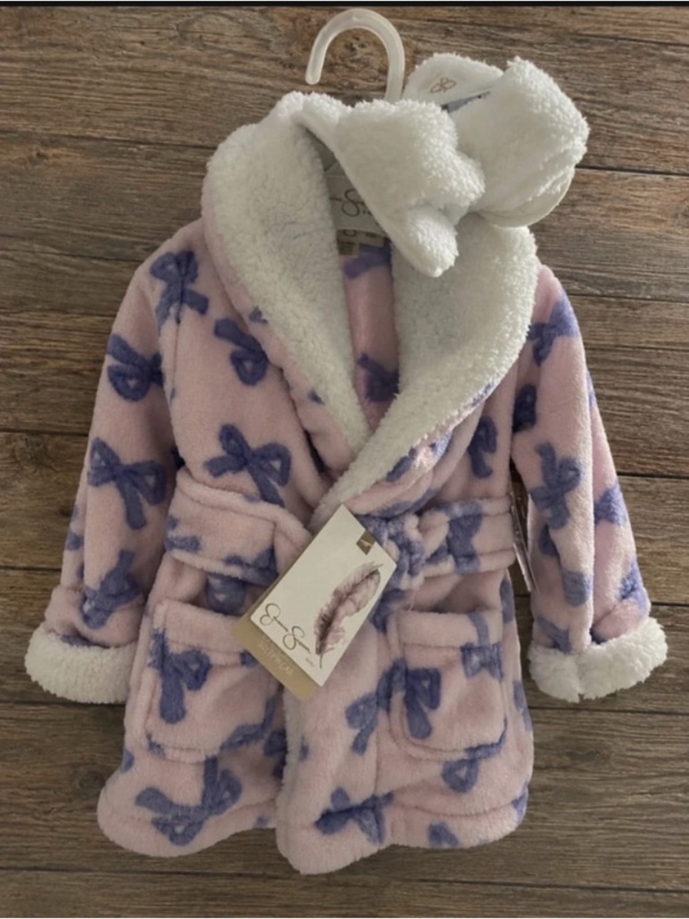 Jessica Simpson Pink Plush Kids Robe with Purple Bow Print and White Sherpa